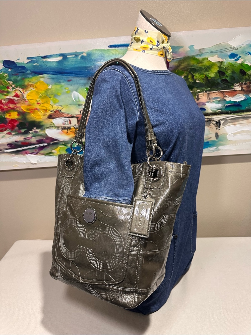 Coach Alex Stitched Patent Tote in a metallic Ollive Green color - Picture 12 of 13
